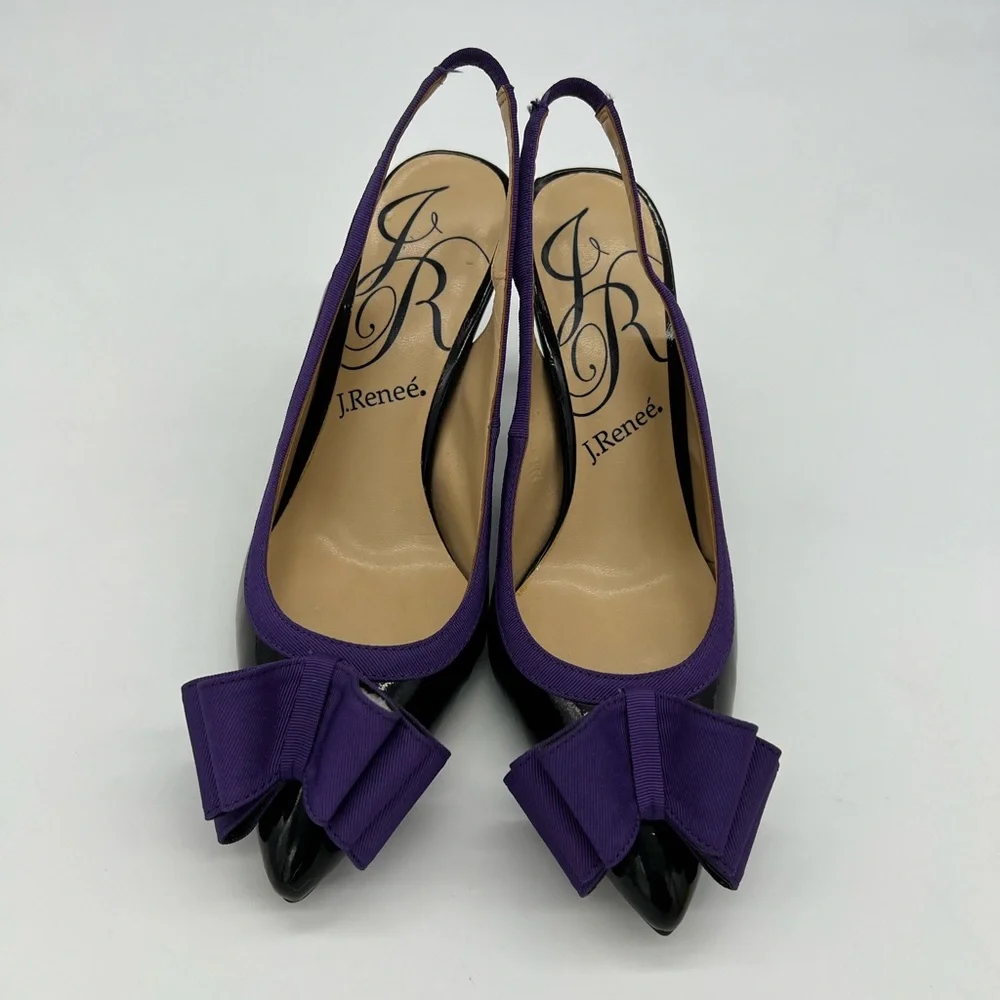 J Renee Marva Slingback Size 7 M Black Patent Leather Purple Bow - Picture 3 of 16